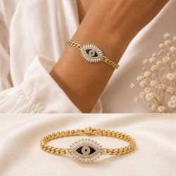 Gold Evil Eye Cuban Chain Bracelet