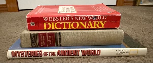 Lot Of 3 Vintage books - Robinson Crusoe, Mysteries Of The Ancient World, Websters Dictionary