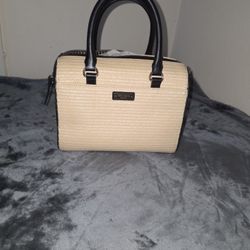 Kate Spade New York Beige Woven Leather Satchel NWT — Black Trim, Dual Handles