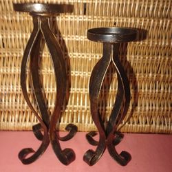 PAIR BRASS CURLED DESIGN  PILLAR CANDLE HOLDERS