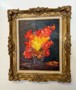 Old Oil Painting On Canvas Signed Lower Left Heavy Brush Strokes.Nice Frame and Matted Brightens any room