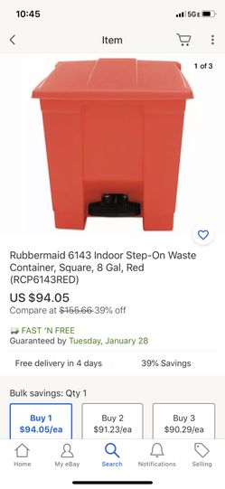 Rubbermaid 6143 Step-On Waste Container Trash Can Basket 8 Gallon Red