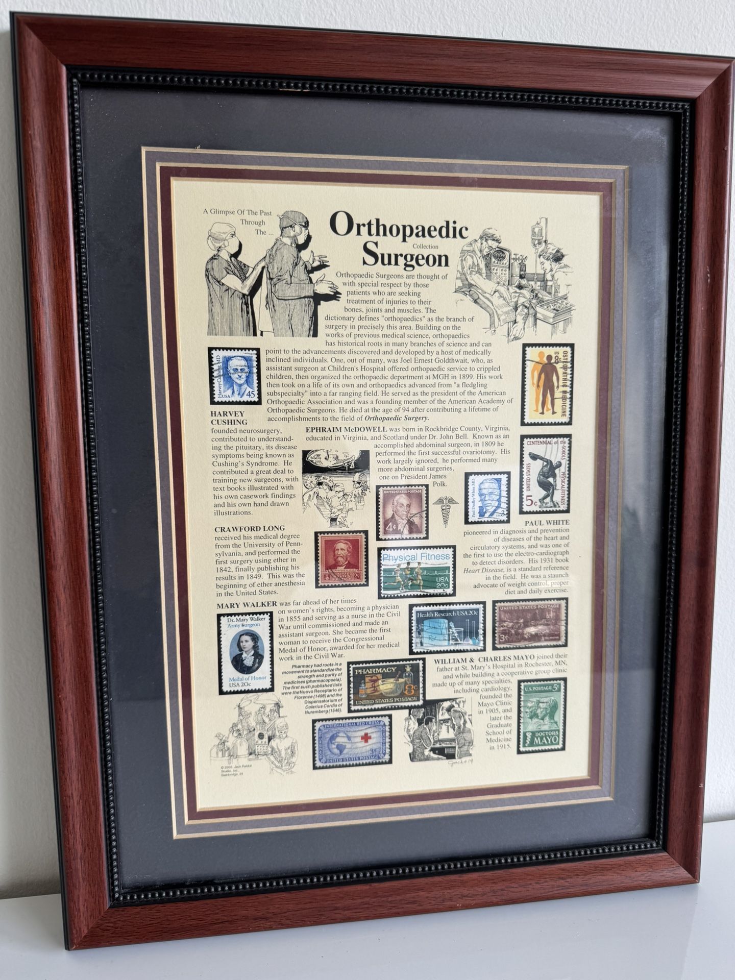 RARE VINTAGE ORTHOPEDIC SURGEON STAMP COLLECTION AND HISTORY FRAME PERFECT GIFT FOR ANY OCCASION