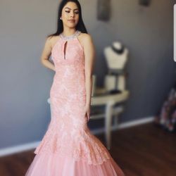 Mermaid Lace And Tulle Peach Prom Dress