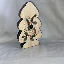 Vintage Wood Christmas Tree Table Decor Decoration Candlestick Candle Holder Holly Berry Cardinal