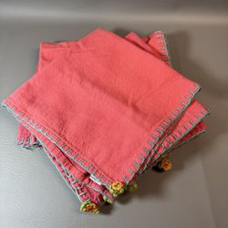 World Market Embroidered Cloth Napkin Set/4 Pink Blue 100% Cotton Kitchen Linens
