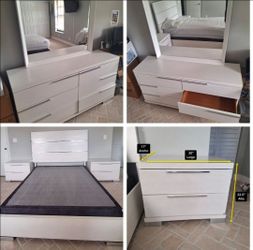 Rotta Móveis Solid Wood Queen Bed Frame with Headboard – WhiteWhite 6-Drawer Dresser with Large Mirror – Excellent Condition