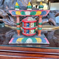 Vintage Tibet wood buddha rolling bible