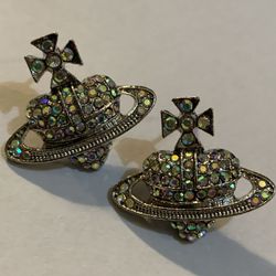 Saturn cross heart crystal stud silver earrings