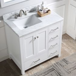 36”white single sink bathroom vanity with carrara white marble stone topq