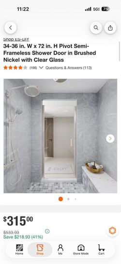 34-36 in. W x 72 in. H Pivot Semi-Frameless Shower Door in Brushed Nickel with Clear Glass new $190 firm