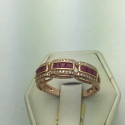 14k Rose Gold Ring Set With Rubies & Diamonds Size 8