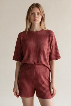 Ribbed Knit Loungewear Set Short Sleeve Top Shorts Red XL