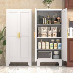 61”White Kitchen Metal  Storage Cabinet, Kitchen Pantry Storage Cabinet with Doors and Shelves, Storage Cabinet with Adjustable Leveling Foot for Kitc