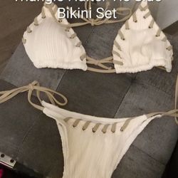 Triangle Halter Tie Side Bikini Set W/Beige Bows