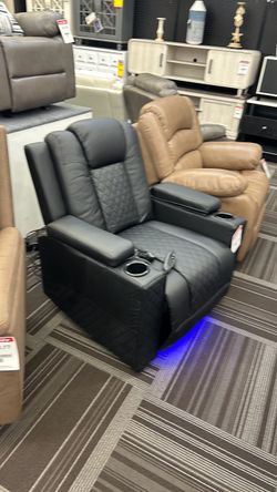 Black Leather Power Recliner with LED Lighting