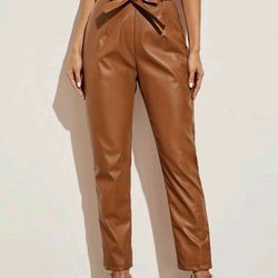 Paper Bag Waist Belted Pu Leather Pants, Color Brown , Size Small