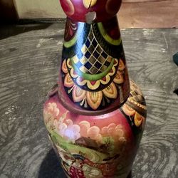 Vintage Wood Hand-Painted Russian Folk Art Rooster Canister