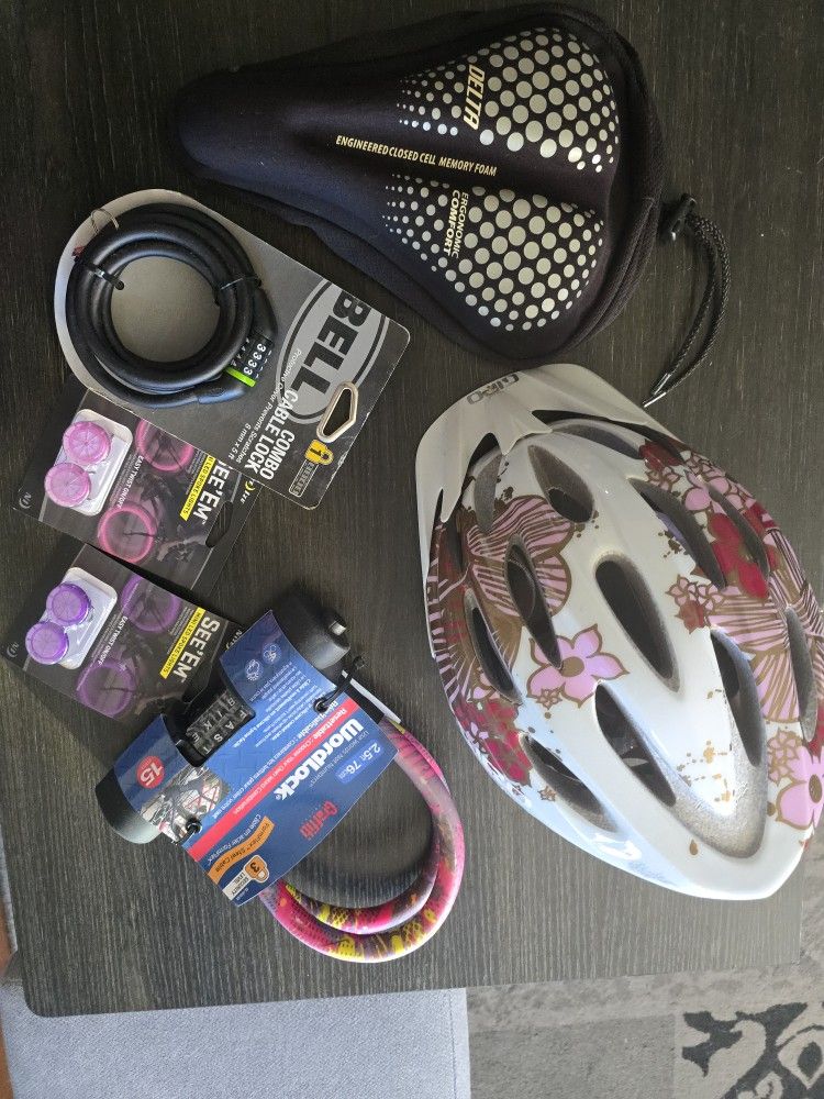 New & Used bicycle accessories, helmet comfort cushion light up spokes two different locks