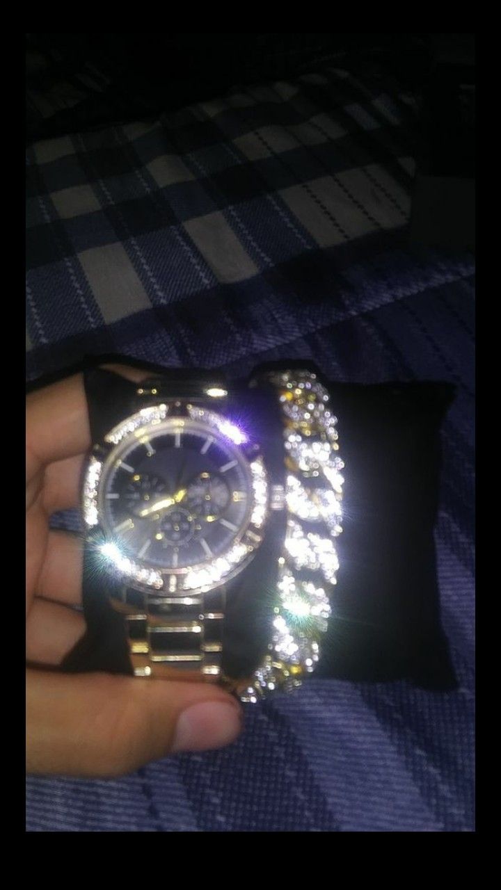 Crystal watch and cuban link bracelet