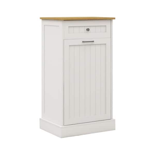 White Wood 35.4 in. H Trash Cabinet Storage Cabinet with Tilt-Out Compartment and Drawer