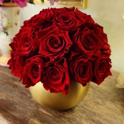 Forever Real Red Roses in a Brass Bowl. A gift that will never wilt!
