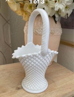 Vintage White Milk Glass Basket with handle