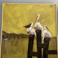 Robert McCaine Sunset Pelican Painting 1970s Large