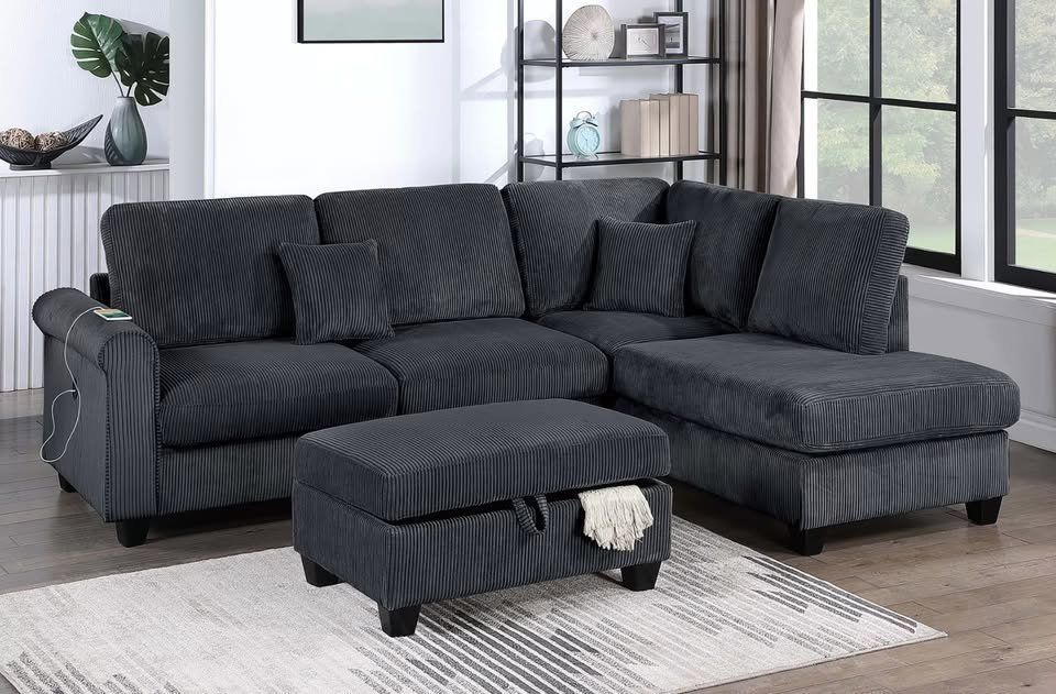 NEW Sectional Sofa and Chaise FREE STORAGE OTTOMAN Couch Black Soft Fabric USB Port Modern Designer Set Discount Furniture Warehouse BIG SALE Modern