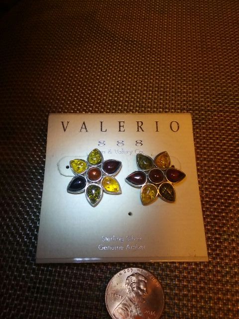 Vintage mid-century Valerio 888 sterling silver and Amber pierced earrings