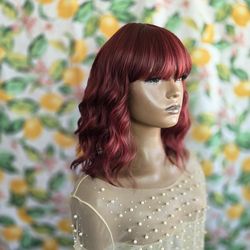 12" Burgundy synthetic hair wig   with bangs  wavy