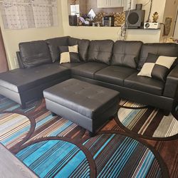 Brand New Box Only $52 Down Black Faux Leather Sectional With Storage Ottoman And Pillows Special