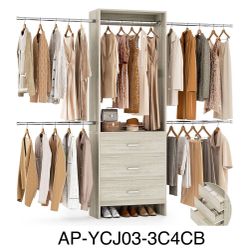 Closet System, Closet Organizer with 3 Wooden Drawers, Closet Organizer System, Walk-in Closet Wardrobe Clothes Rack with 4 Hanging Rods, Garment Rack