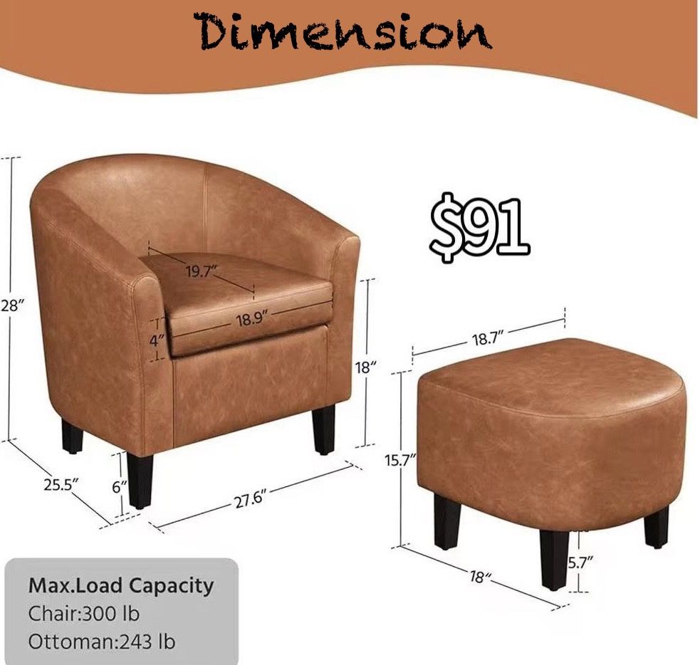 😀 Yaheetech Accent Chair with Ottoman Foot Rest, PU Leather Mid Century Modern Upholstered Soft Barrel Chair Comfy Armchair and Footrest Set 