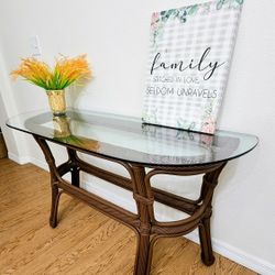 Brown Wicker Rattan Semi Circle Half Round Console Entryway Sofa Couch Side Entry Way Glass Table