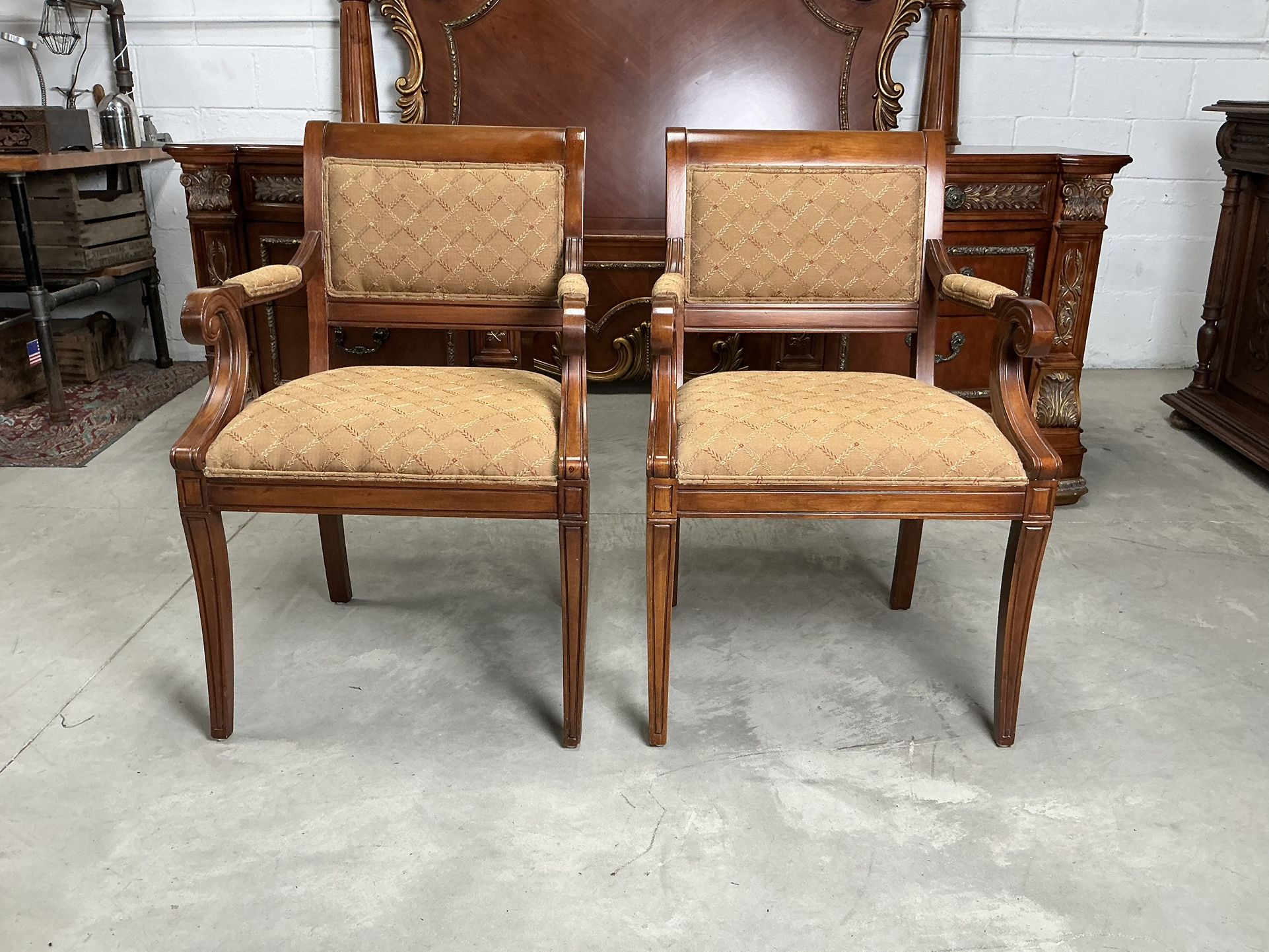 Set of 2 Vintage Pulaski Traditional Neoclassical Tan Fabric Accent Arm Chairs - Antique Style  - Maroon, Burgundy  Estate Sale