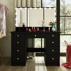 3-Mirror Vanity Table Stylish 9-Drawer Makeup Organizer Dressing Desk - Black