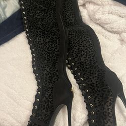 Cute Black Lace Thigh High Boots-never Worn 