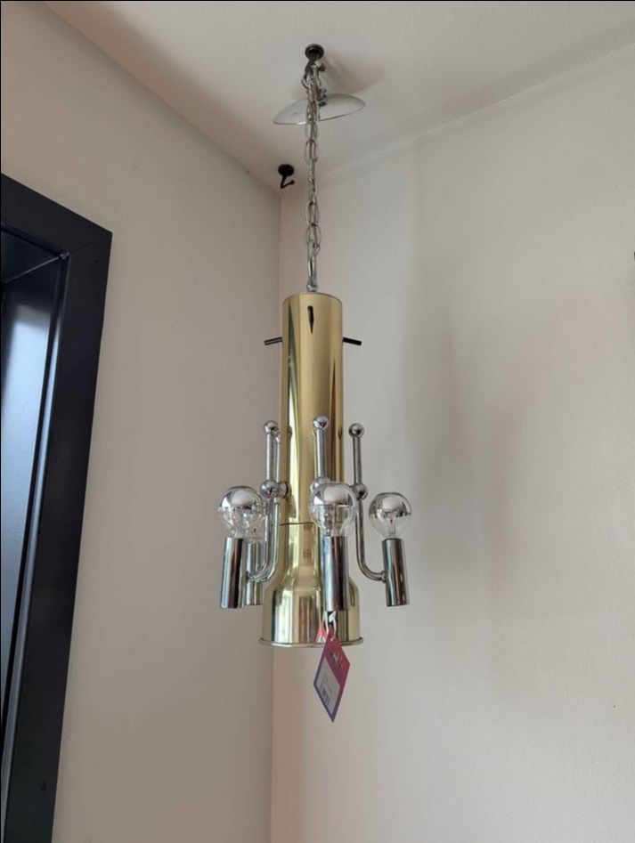MCM Brass & Chrome Swag Light Chandelier by LA Lighting