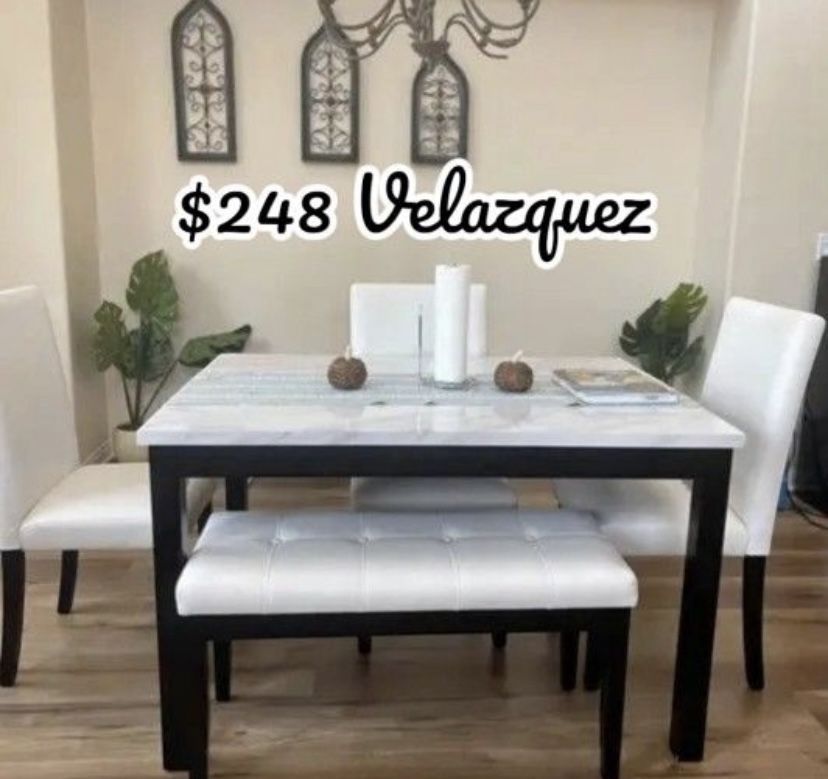 ✅️✅️5 pc dark finish wood faux marble top rectangular dining table set with bench✅️✅️