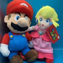 (NEW) Nintendo Super Mario and Princess Peach 12 inch plush Bundle (PERFECT FOR EASTER BASKETS)