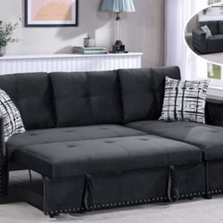 Black Velvet Convertible Sectional Reversible Chaise With Storage Pillows Included Nailhead Trim Accent Brand New In Box Firm Price $520
