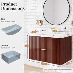 30-inch floating bathroom vanity with sink, wall-mounted, made of oak. Integrated ceramic sink.