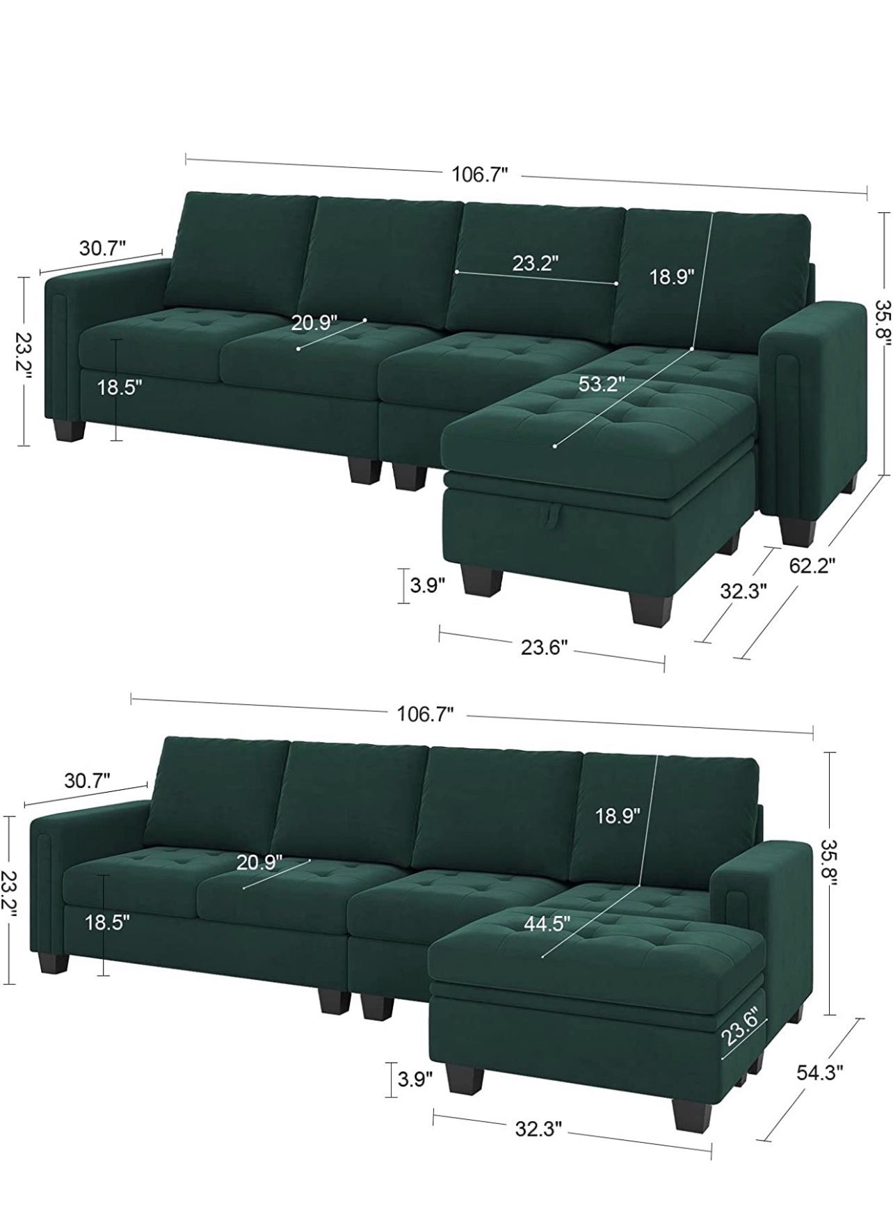 Emerald green Velvet l Shaped Sectional Couch