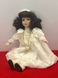 Holy communion, doll. White lace dress with gold cross necklace.