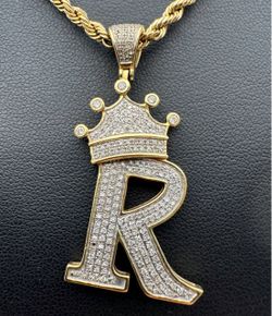Jewelry 10k solid Yellow Gold BIG R LETTER CROWN natural diamond 1.5CTW Pendant charm