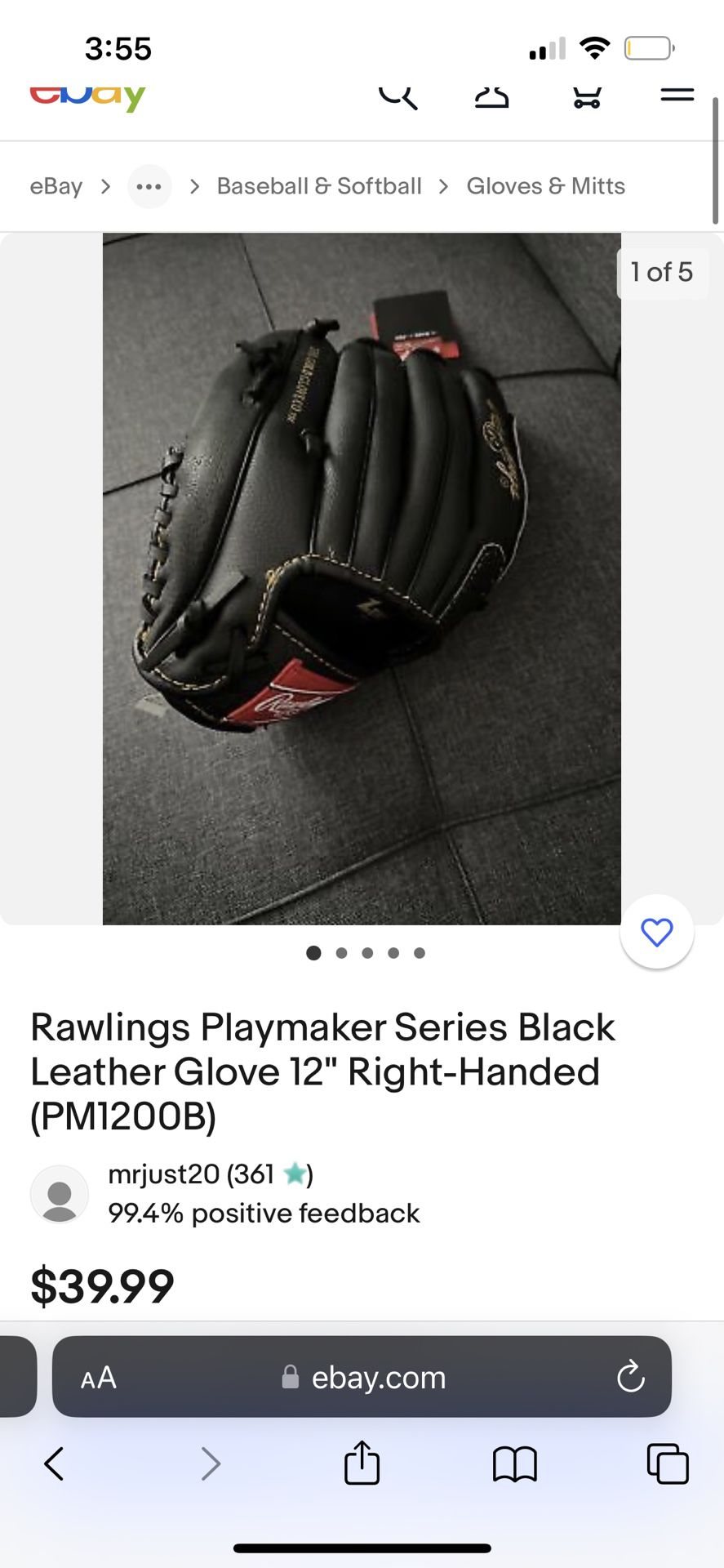 Rawlings Playmaker Series Black Leather Glove 12 1/2 Inch Right-Handed PM125OB