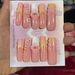 Press Ons Long square Pink Flower Nails