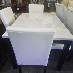 Brand New White Faux Marble Dining Table (48×36×30H) + 3 White Faux Leather Chair + Bench