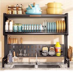 Over The Sink Dish Drying Rack 2 Tier Stainless Steel Large Adjustable Kitchen Dish Drainer Home Storage Organizer Shelf with 7Hooks Brand New still i